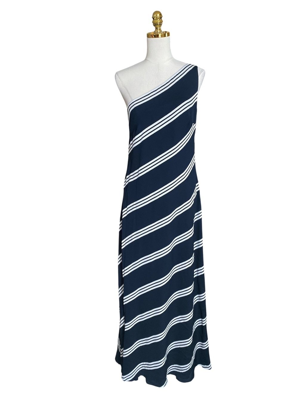 Ralph Lauren 100% Silk One-Shoulder Navy/White Striped Cocktail Maxi Dress Sz 12 - Picture 4 of 11